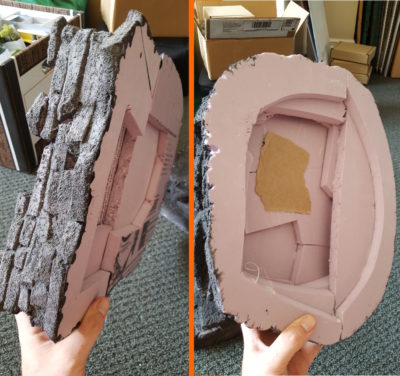 Underside of the two hills, showing layers and pieces of styrofoam. Click for larger.