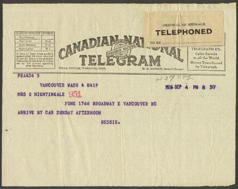 1926 Canadian National Telegraph Form 1926 Canadian National Telegraph Form